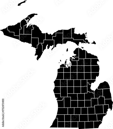 Detailed vector map of Michigan state outline with all internal county borders and administrative divisions, rendered in black, a complete political template of the Great Lakes U.S. territory.

