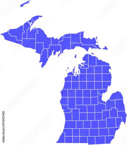 Detailed vector map of Michigan state outline with all internal county borders and administrative divisions, rendered in blue, a complete political template of the Great Lakes U.S. territory.

