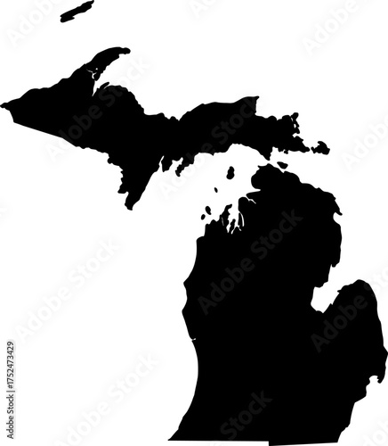 Black silhouette vector of Michigan state boundary, rendered in a solid black fill, providing a clean, minimalist, impactful graphic of the Great Lakes territory, including both peninsulas.

