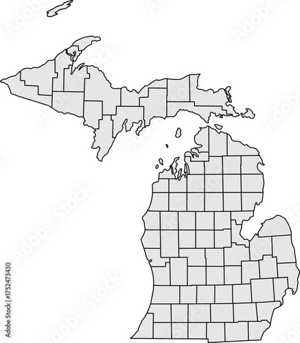 Detailed vector map of Michigan state outline with all internal county borders and administrative divisions, rendered in gray, a complete political template of the Great Lakes U.S. territory.

