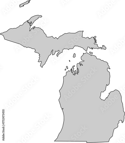 Gray silhouette vector of Michigan state boundary, rendered in a solid gray fill, providing a clean, minimalist, impactful graphic of the Great Lakes territory, including both peninsulas.

