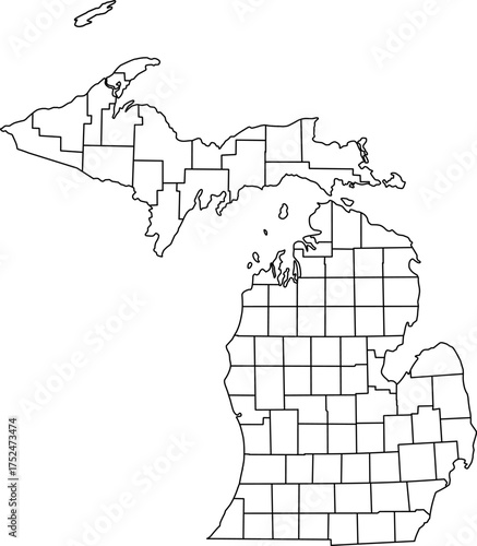 Detailed vector map of Michigan state outline with all internal county borders and administrative divisions, presented as a blank template map of the Great Lakes U.S. territory.

