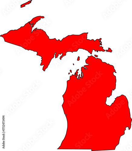 Red silhouette vector of Michigan state boundary, rendered in a solid red fill, providing a clean, minimalist, impactful graphic of the Great Lakes territory, including both peninsulas.


