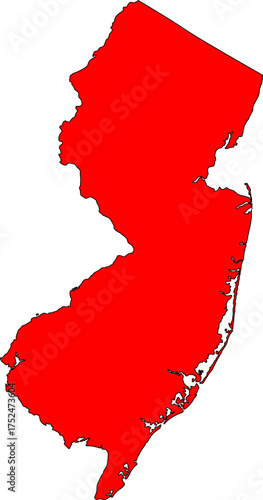 Red silhouette vector of New Jersey state boundary, rendered in a solid red fill, providing a clean, minimalist, and impactful graphic representation of the Mid-Atlantic U.S. territory.

