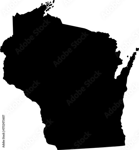 Black silhouette vector of Wisconsin state boundary, rendered in a solid black fill, providing a clean, minimalist, and impactful graphic representation of the Midwestern U.S. territory.

