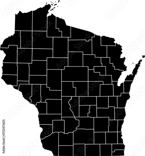 Black silhouette vector of Wisconsin state with all internal county borders clearly defined, providing a clean and minimalist political map of the Midwestern U.S. territory.

