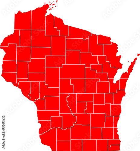 Red silhouette vector of Wisconsin state with all internal county borders clearly defined, providing a clean and minimalist political map of the Midwestern U.S. territory.


