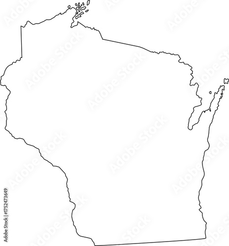 Simple vector outline of Wisconsin state boundary, a clean and minimalist graphic representation of the Midwestern U.S. territory known as the Dairy State.

