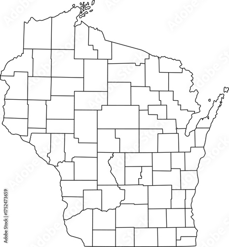 Detailed vector map of Wisconsin state outline showing all internal county borders and administrative divisions, presented as a blank template map of the Midwestern United States territory.

