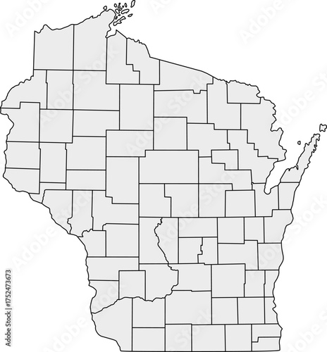 Gray silhouette vector of Wisconsin state with all internal county borders clearly defined, providing a clean and minimalist political map of the Midwestern U.S. territory.







