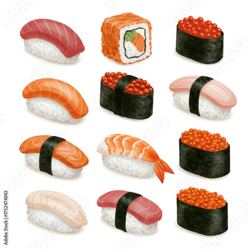 A delicious assortment of fresh Japanese sushi dishes, featuring nigiri, maki, and sashimi, artfully arranged for a vibrant culinary experience