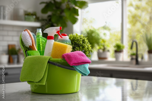 Variety of cleaning supplies and cloths in a green bucket on a kitchen countertop