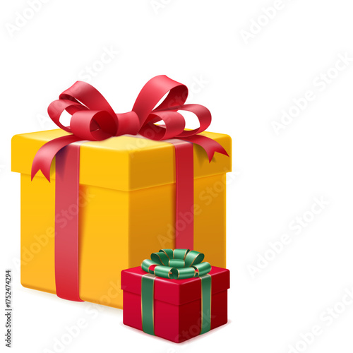 Illustration of two gift boxes, one large yellow with red ribbon and one small red with green ribbon, on a plain white background, in a realistic style.