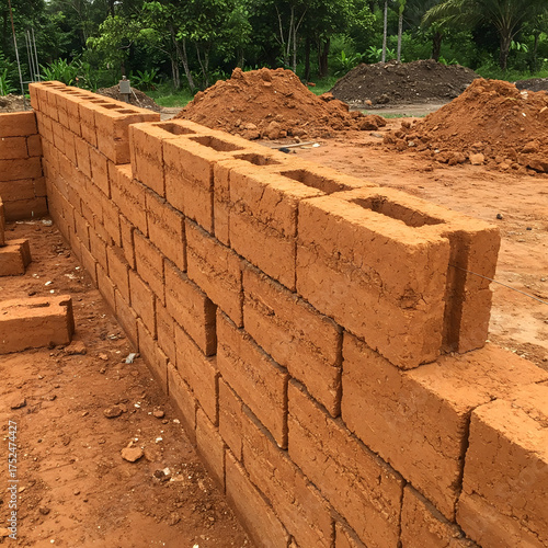 Wallpaper Mural Earthen blocks form a wall under construction in a natural outdoor setting. Generative AI. Torontodigital.ca