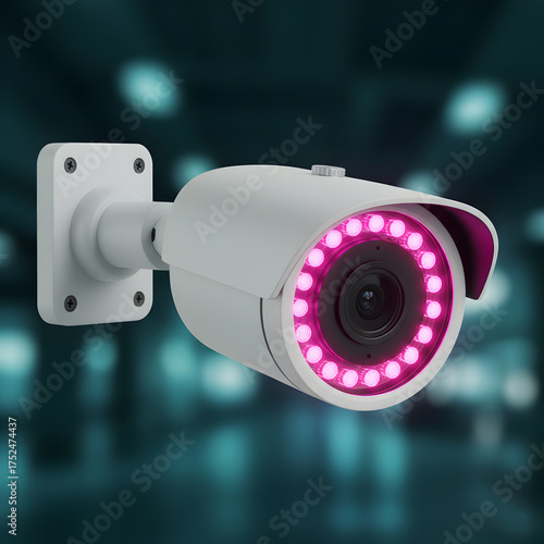 Wallpaper Mural A sleek white outdoor security camera with a glowing pink or magenta LED ring is mounted on a wall against a dark, blurred background. Generative AI. Torontodigital.ca