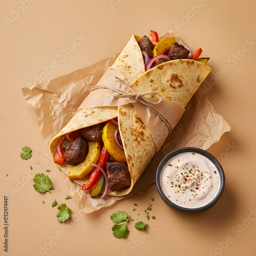 Wallpaper Mural A flavorful grilled steak and vegetable wrap, tightly bound in a soft tortilla with twine, resting on parchment paper beside a small bowl of creamy dipping sauce. Generative AI. Torontodigital.ca