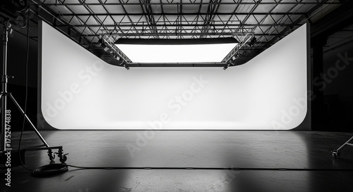 Empty professional film and photography studio with a large white cyclorama background and lighting equipment. Black and white shot of a production set ready for a photoshoot or video shoot.
