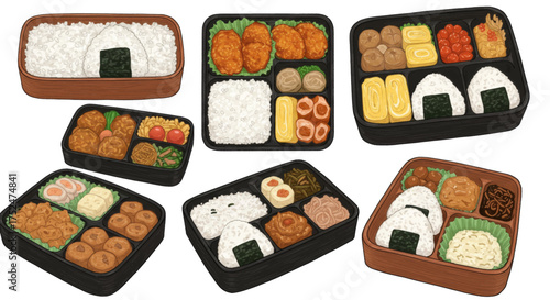 An assortment of delicious Japanese bento boxes filled with rice, fried foods, and various side dishes, perfect for a meal on the go