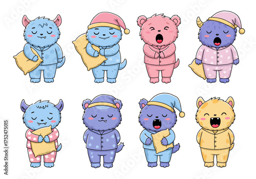 Cute sleepy cartoon monsters pajama party for kids apparel designs and storybooks, adding a touch of whimsy to bedtime routines with these lovable characters