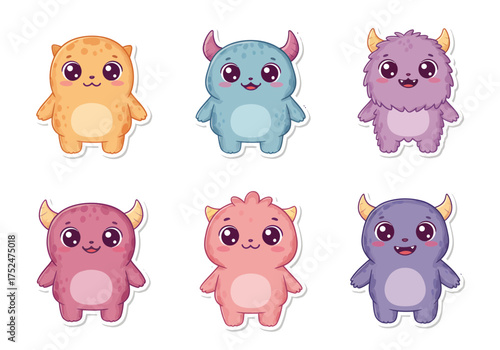 Adorable cartoon monster characters in a playful collection, perfect for children's designs, invitations, or cute themed projects, joyful and fun