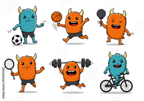 Cute monster fitness activity set for kids' health content includes soccer, basketball, weightlifting, biking, tennis for playful designs and healthy lifestyle promotion