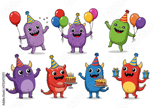 Adorable cartoon monster party squad celebrating with balloons, birthday cake, and gifts, perfect for cheerful invitations and fun event decorations