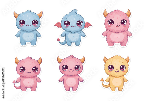 Adorable collection of cartoon monster characters with horns and big eyes, perfect for children's designs or playful branding, originally designed as scalable vector graphics