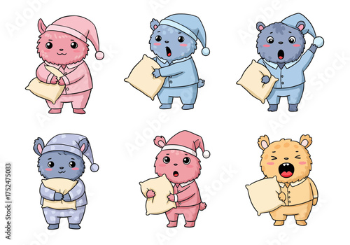 Adorable sleepy cartoon bears in pajamas holding pillows, perfect for children's books and bedtime stories, cute and cuddly, creating a cozy and comforting mood