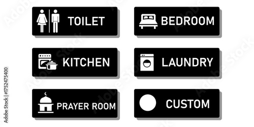 Set of black room signs with white icons for toilet, bedroom, kitchen, laundry, prayer room, and custom label.