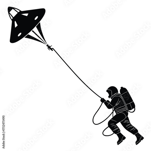 Astronaut tethered to spacecraft silhouette