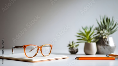 Orange-rimmed glasses rest on a notebook with potted plants and pencils.