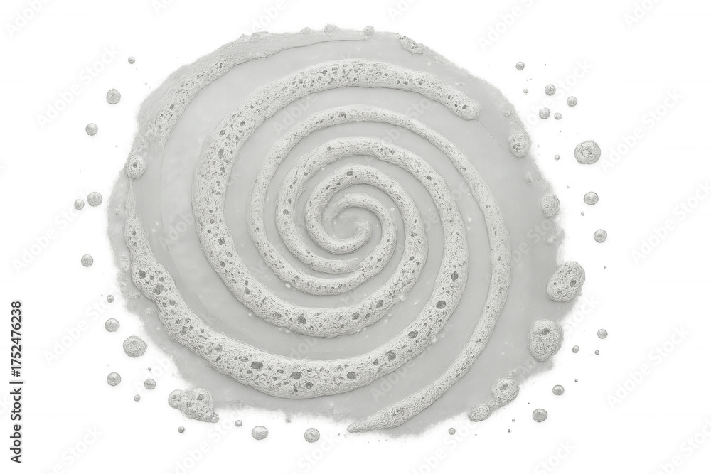Fototapeta premium White foam spiral creating abstract texture with bubbles, clean sudsy soap swirl on transparent background