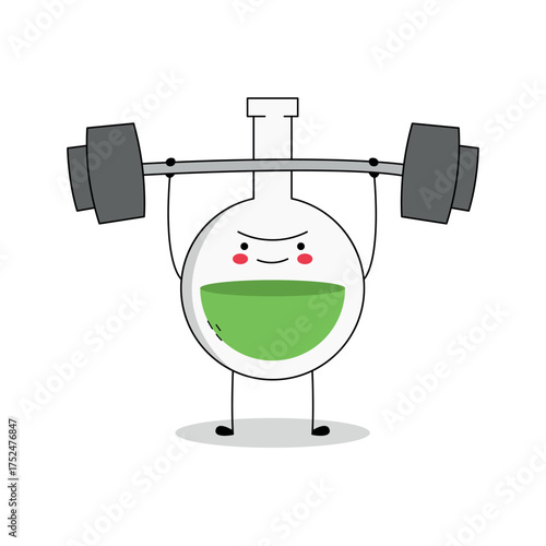 Cute round bottom flask cartoon character lifting weight barbell doodle