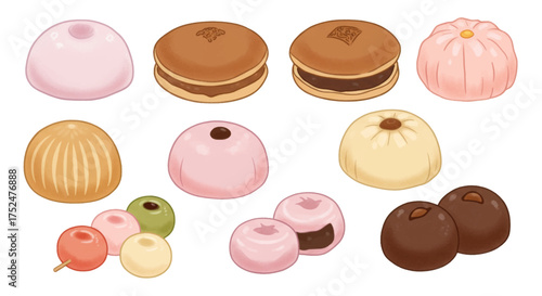 Assortment of Japanese sweets and pastries like mochi and dorayaki