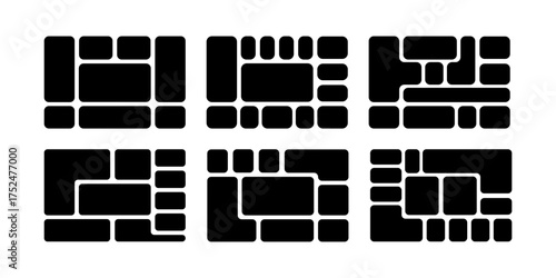 Set of bento grid layouts for business presentation. Photo collage, moodboard or brochure templates. Poster or banner wireframes. Magazine or graphic novel page panels. Vector graphic illustration.