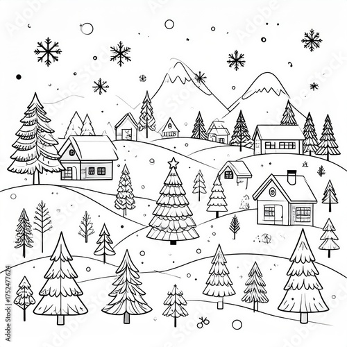 Black And White Winter Landscape With Snowflakes Mountains And Houses Illustration