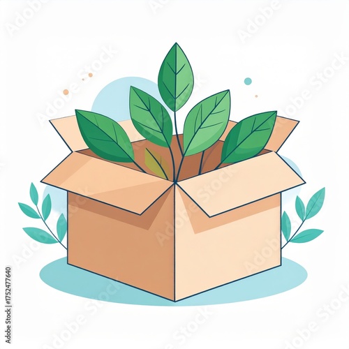 Open Cardboard Box With Green Leaves Growing Inside Isolated On White Background In Flat Style Design