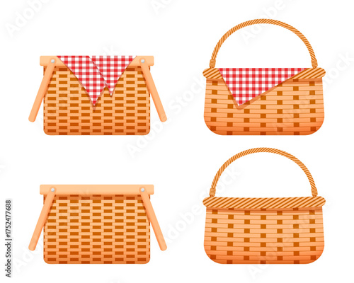 Set of empty wicker picnic baskets with and without checkered textile napkins. Collection of handmade woven willow hampers isolated on white background. Vector cartoon illustration.