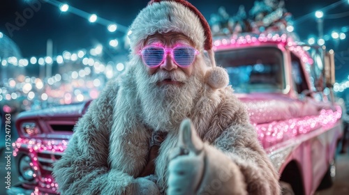 Santa Claus, sporting a stylish pair of glasses, gives a thumbs up while standing next to a decorated vehicle at night 