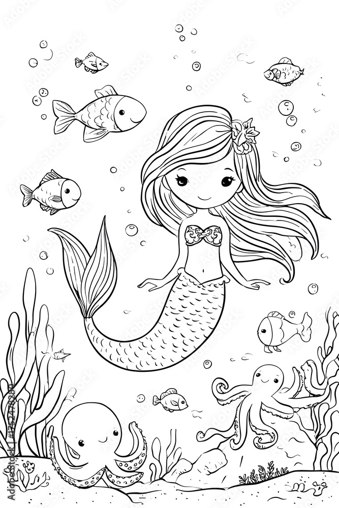 Fototapeta premium A cute mermaid in the sea with fish and an octopus coloring page
