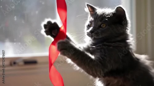 The kitten is playing with the red thread