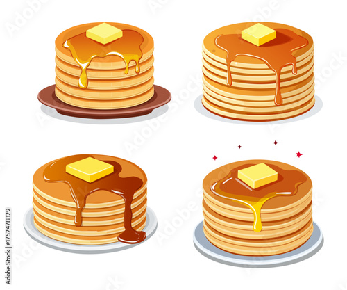 Four stacks of delicious pancakes, each topped with butter and syrup, presented on plates.