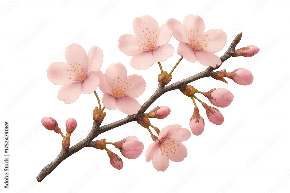 Fototapeta premium Cherry blossom branch with delicate pink flowers and growing buds, representing spring, renewal, and natural beauty on transparent background