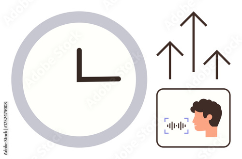 Clock, upward arrows, and voice recognition profile. Ideal for productivity, technology, innovation, growth, efficiency time management business strategies. Simple flat metaphor