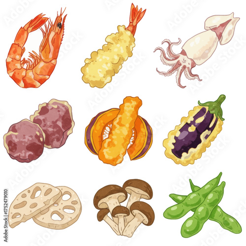 Collection of various Japanese dishes and food items, including shrimp, squid, and vegetables