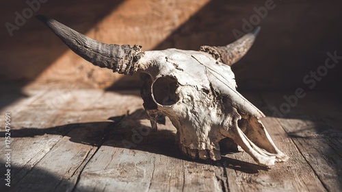A weathered bull skull rests on aged wooden planks bathed in sunlight.