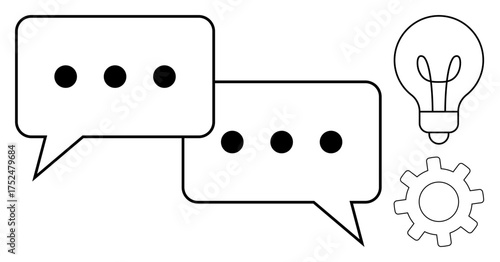 Speech bubbles representing communication, light bulb symbolizing ideas, and gear reflecting process. Ideal for teamwork, brainstorming, creativity, collaboration, innovation, strategy and workflow
