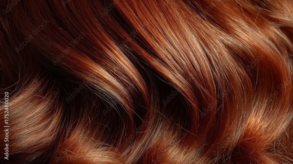 Naklejka premium Close up shot of shiny, healthy, wavy reddish-brown human hair. Useful for beauty, fashion, hair care or salon marketing material.