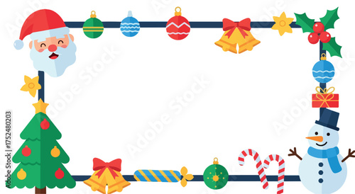 Festive Christmas holiday frame with Santa Claus and snowman.