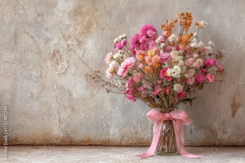 Dried flower bouquet in glass vase with pink ribbon against textured wall. Ideal for romantic designs, rustic themes, and background projects.